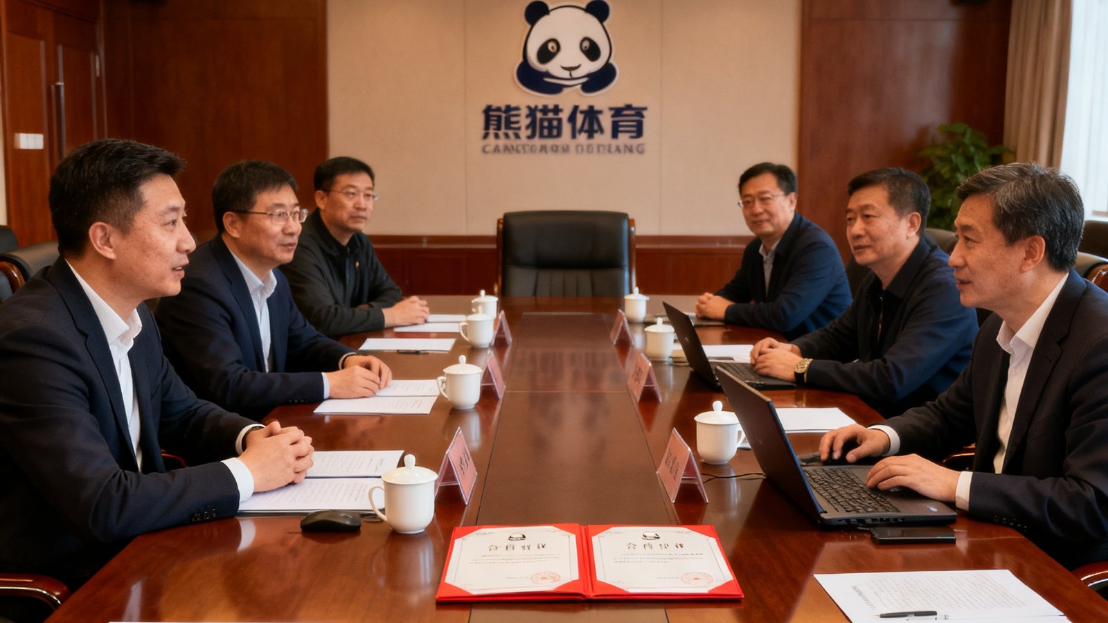 熊猫体育与6家省级体育局年度合作会议合影，与会人员在会议室交流